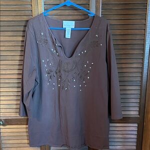 Susan Graver Brown Embroidered V-Neck Tunic with Rhinestones